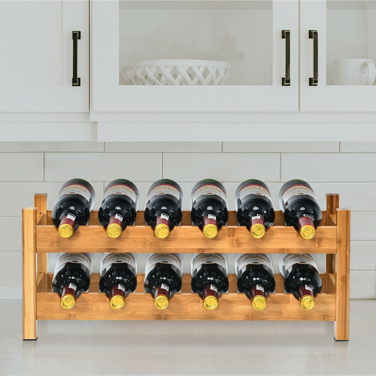 2-Tier 12 Bottles Bamboo Storage Shelf, Wine Rack-Natural