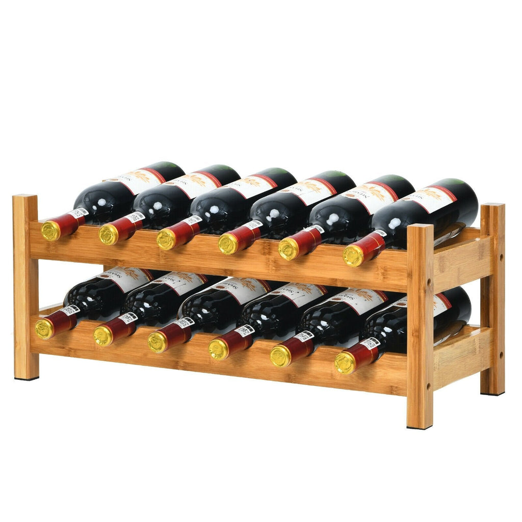 2-Tier 12 Bottles Bamboo Storage Shelf, Wine Rack-Natural
