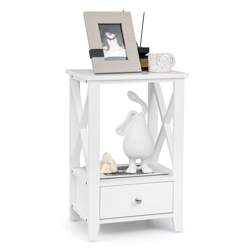 2-Tier Nightstand with Storage Drawer and X Frame, White