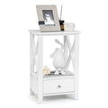 2-Tier Nightstand with Storage Drawer and X Frame, White