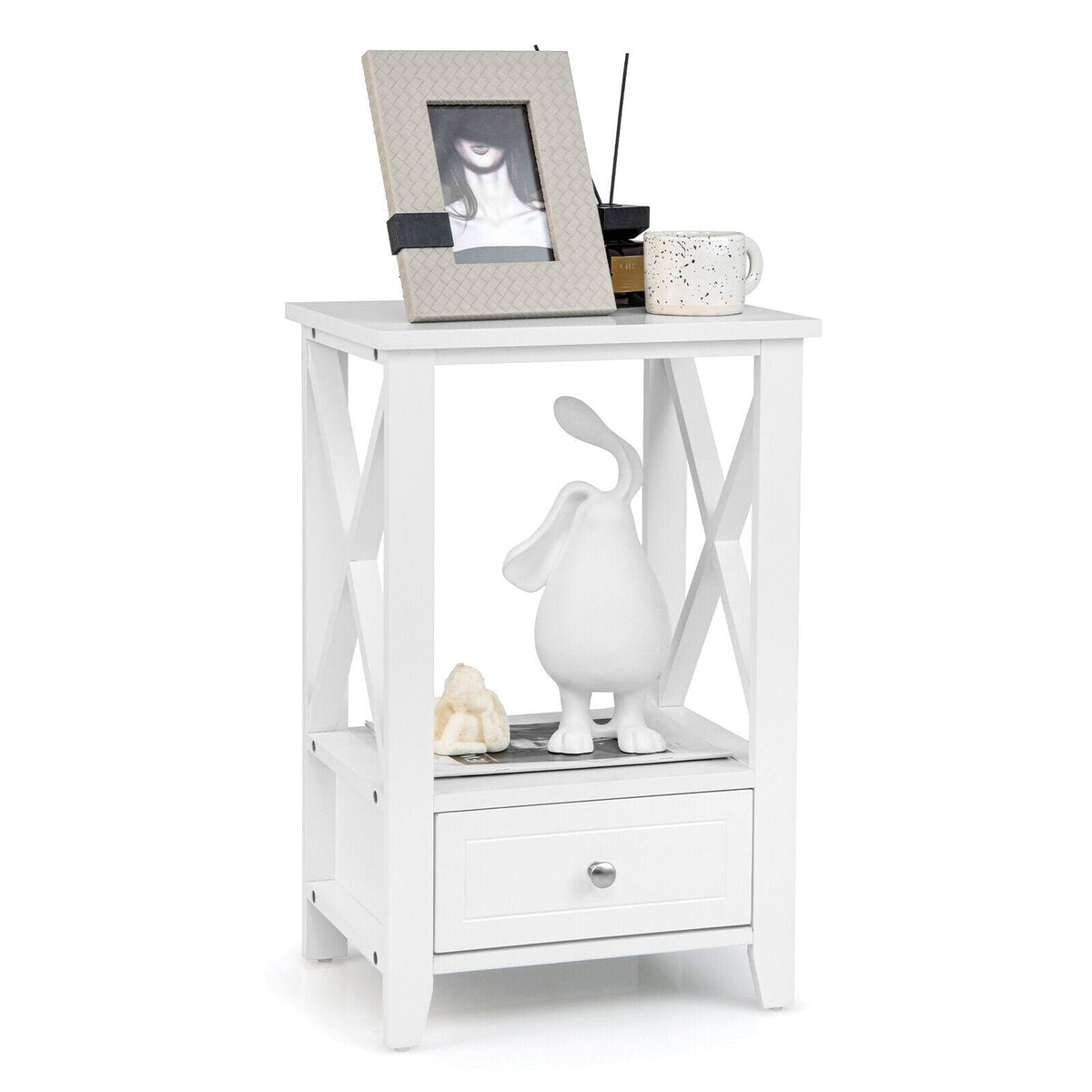 2-Tier Nightstand with Storage Drawer and X Frame, White