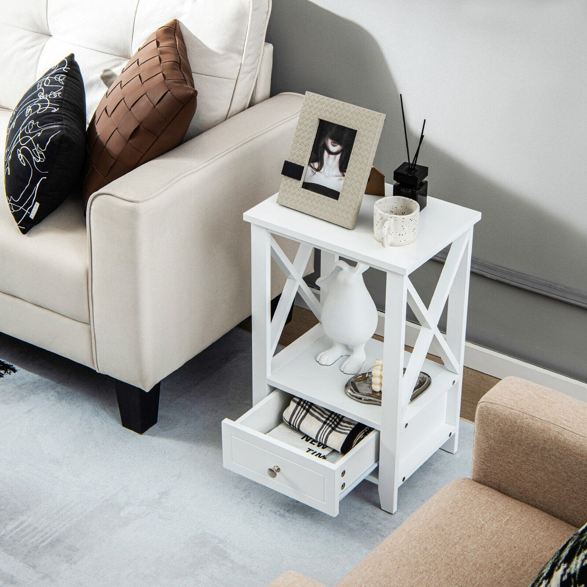 2-Tier Nightstand with Storage Drawer and X Frame, White