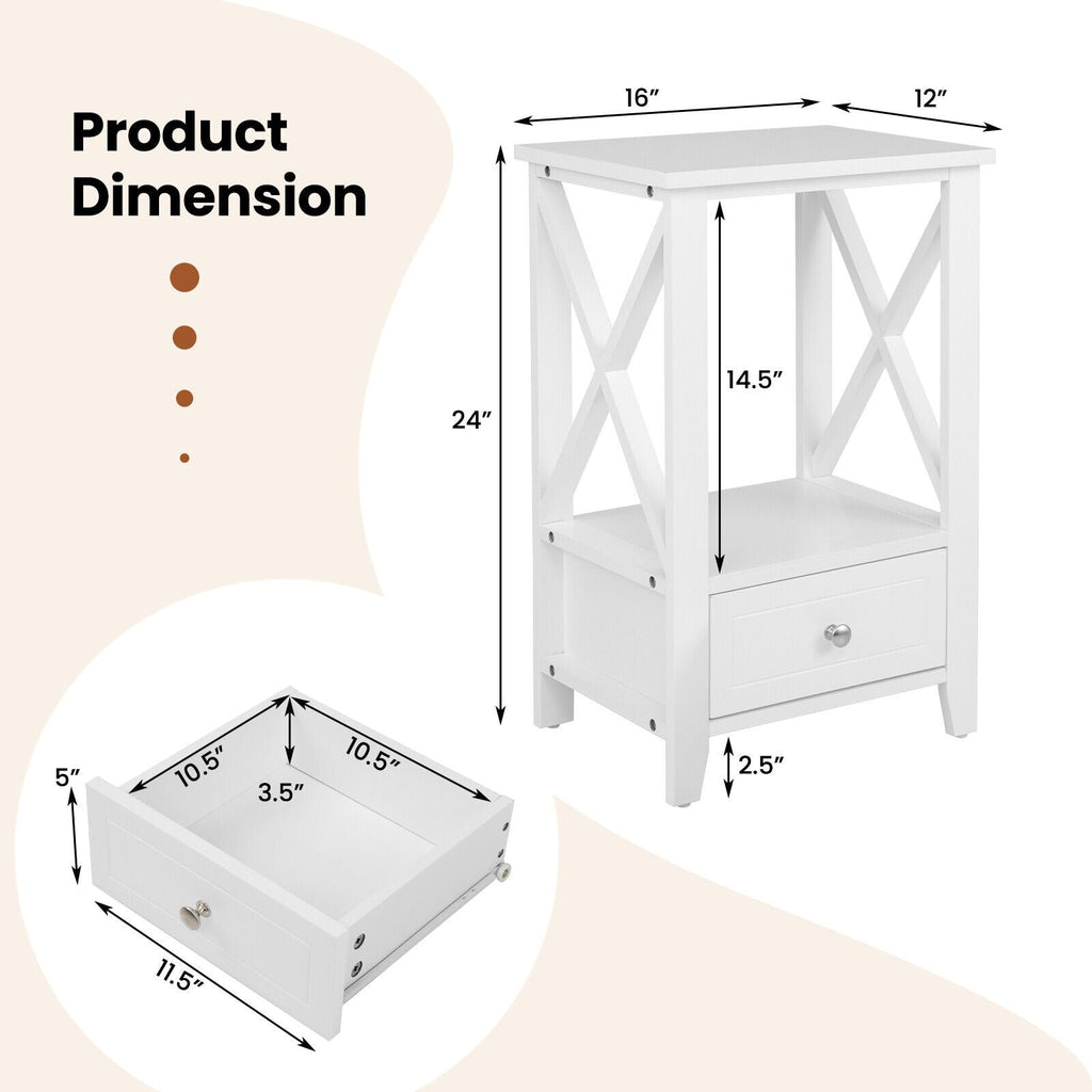 2-Tier Nightstand with Storage Drawer and X Frame, White