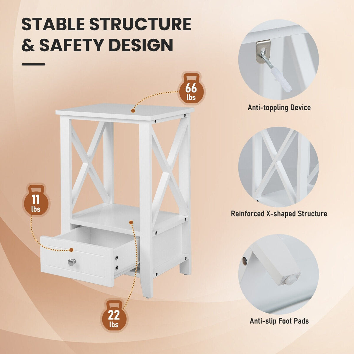 2-Tier Nightstand with Storage Drawer and X Frame, White
