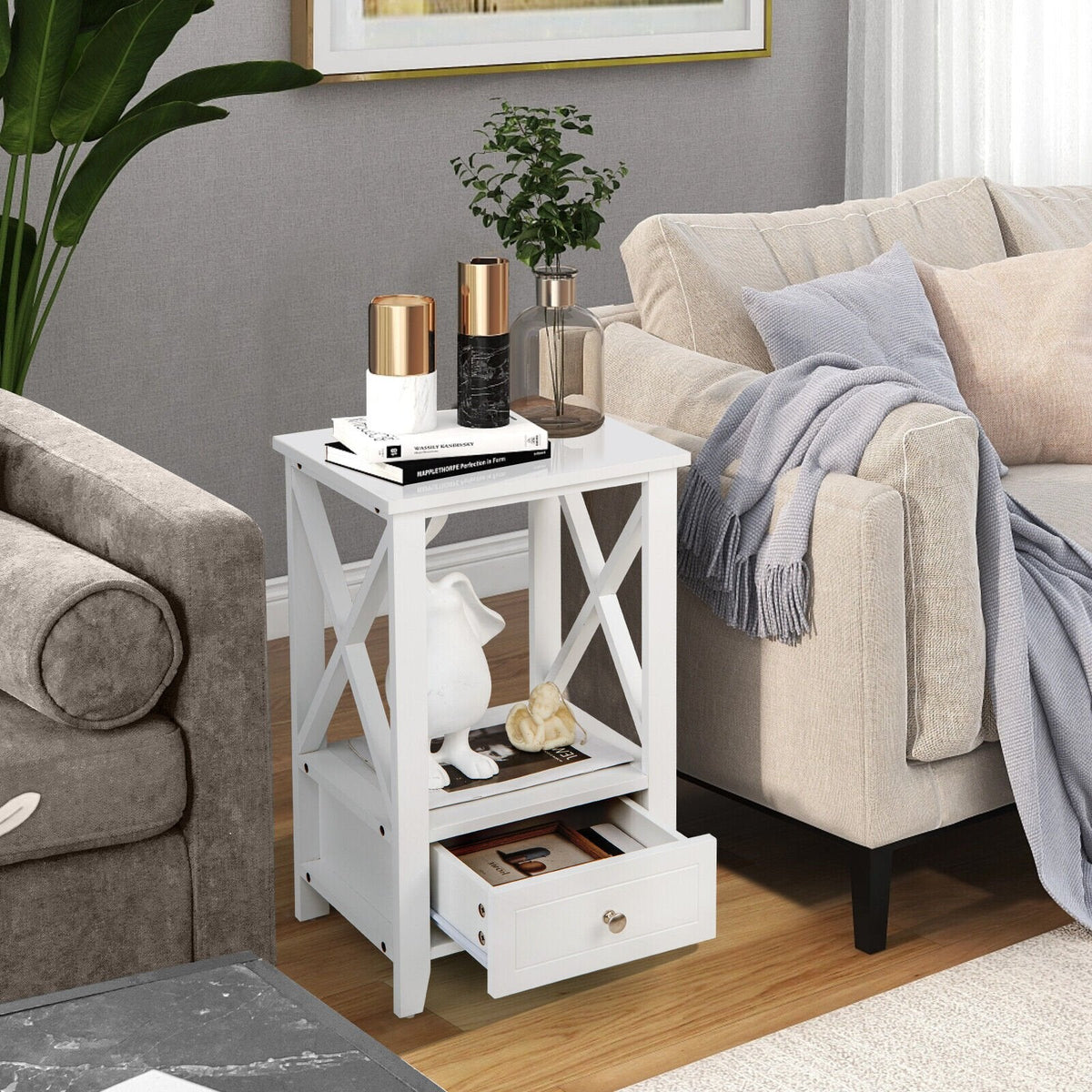 2-Tier Nightstand with Storage Drawer and X Frame, White