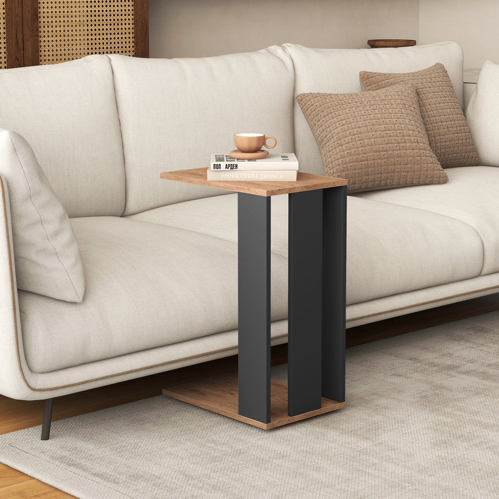 2-Tier C-Shaped Side Table with Detachable Wheels, Rustic Brown