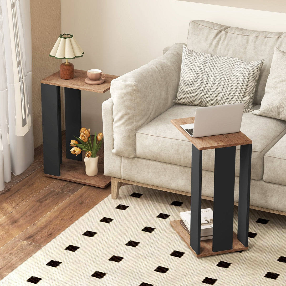 2-Tier C-Shaped Side Table with Detachable Wheels, Rustic Brown