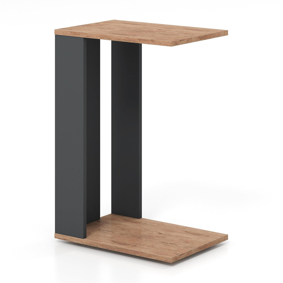 2-Tier C-Shaped Side Table with Detachable Wheels, Rustic Brown