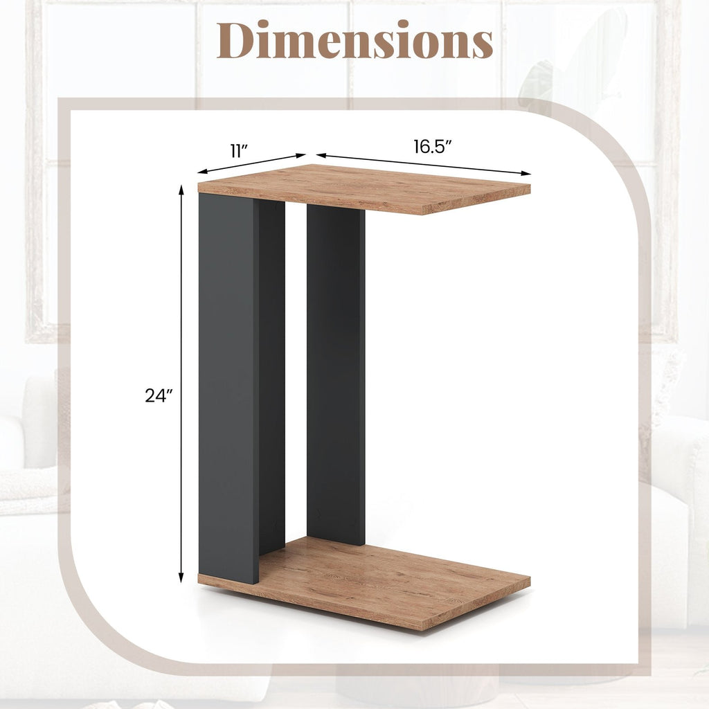 2-Tier C-Shaped Side Table with Detachable Wheels, Rustic Brown