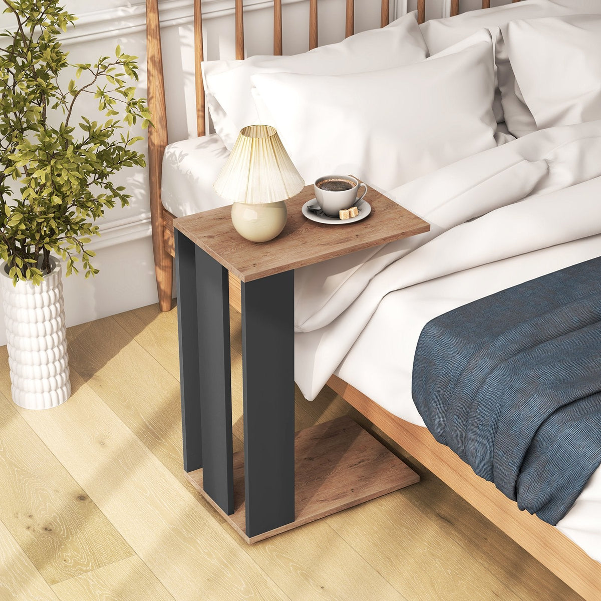 2-Tier C-Shaped Side Table with Detachable Wheels, Rustic Brown