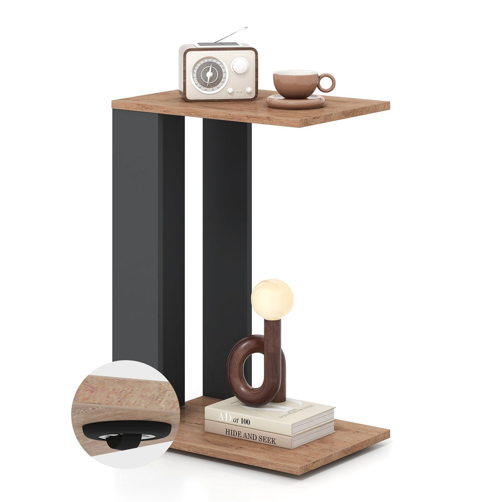 2-Tier C-Shaped Side Table with Detachable Wheels, Rustic Brown