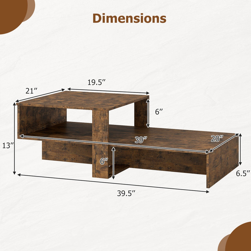 2-Tier Coffee Table Modern Irregular Center Table with Open Storage Shelf-Brown