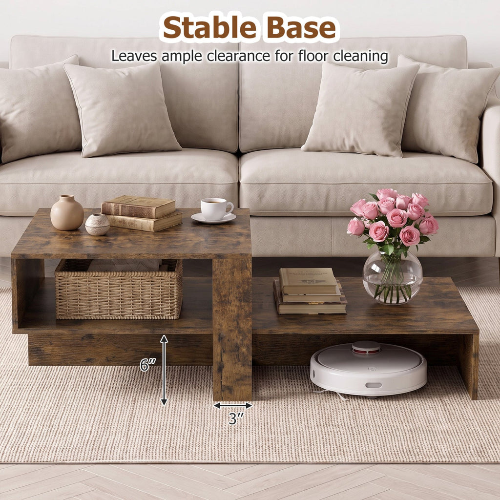 2-Tier Coffee Table Modern Irregular Center Table with Open Storage Shelf-Brown