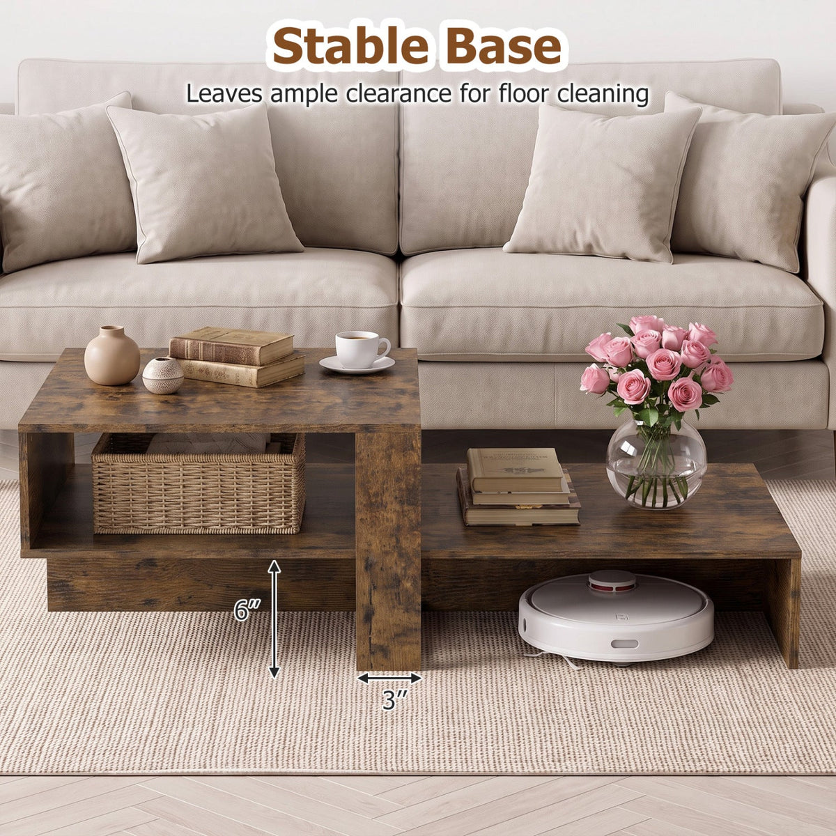 2-Tier Coffee Table Modern Irregular Center Table with Open Storage Shelf-Brown