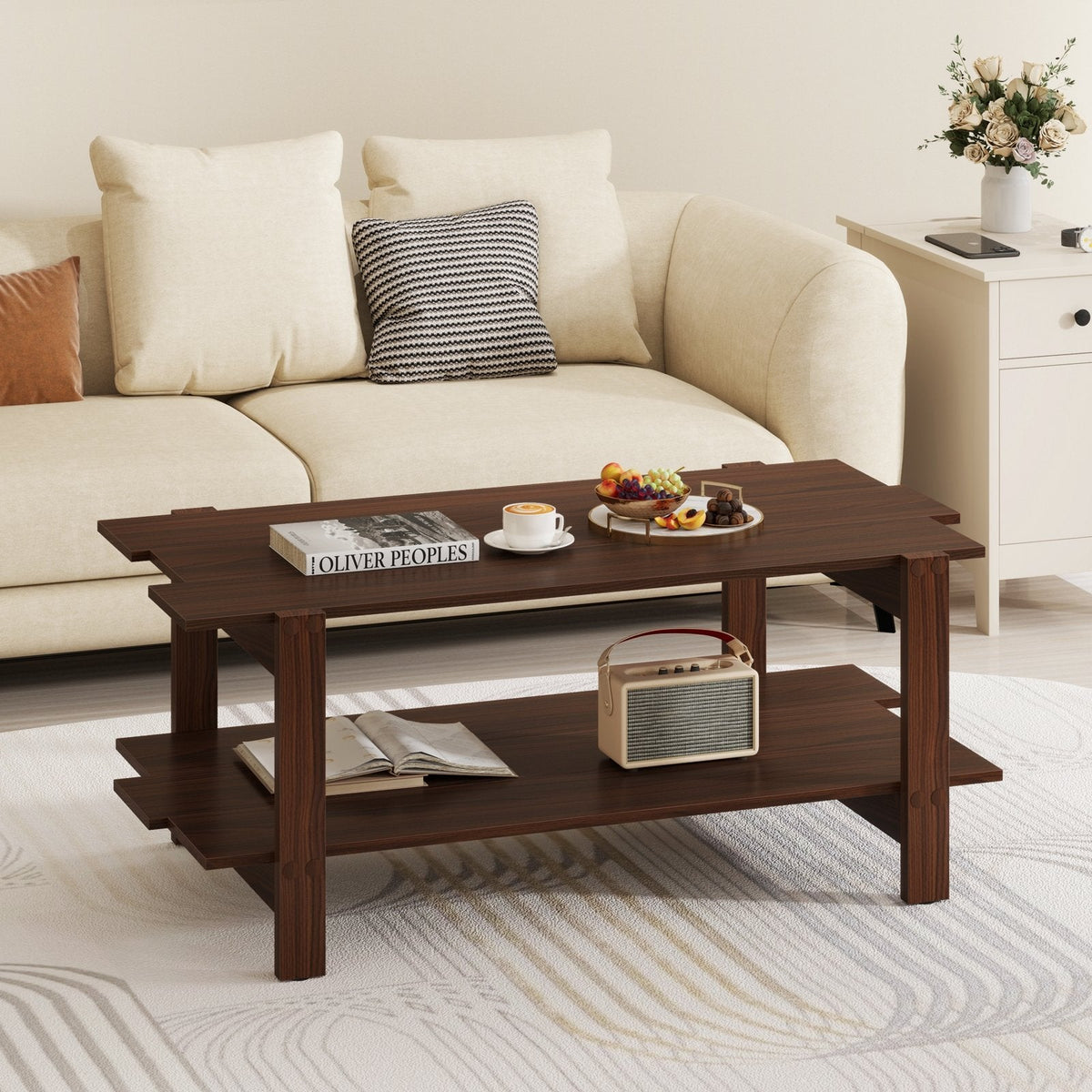 2-Tier Coffee Table Slatted Wood Center Table with Storage Shelf-Walnut