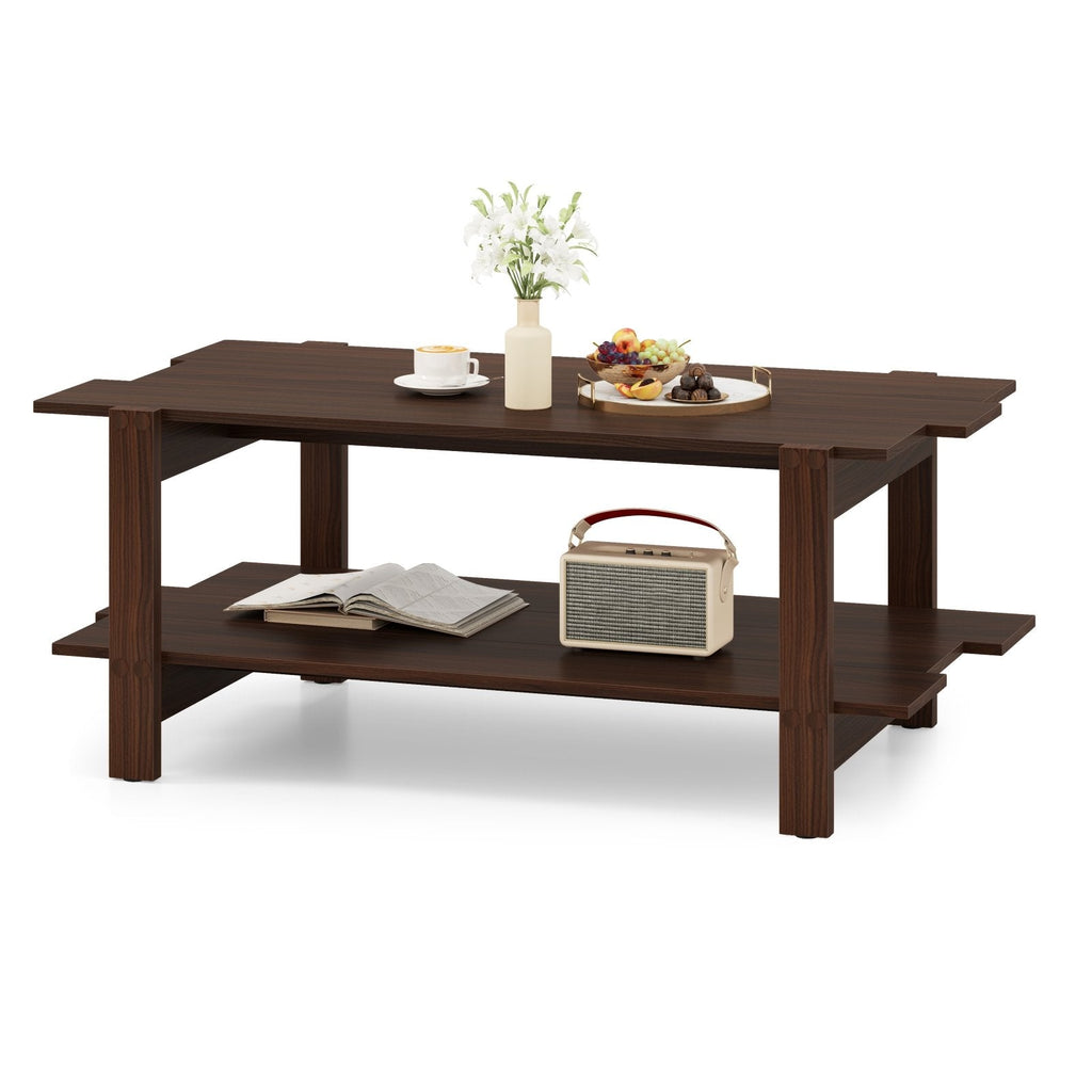 2-Tier Coffee Table Slatted Wood Center Table with Storage Shelf-Walnut