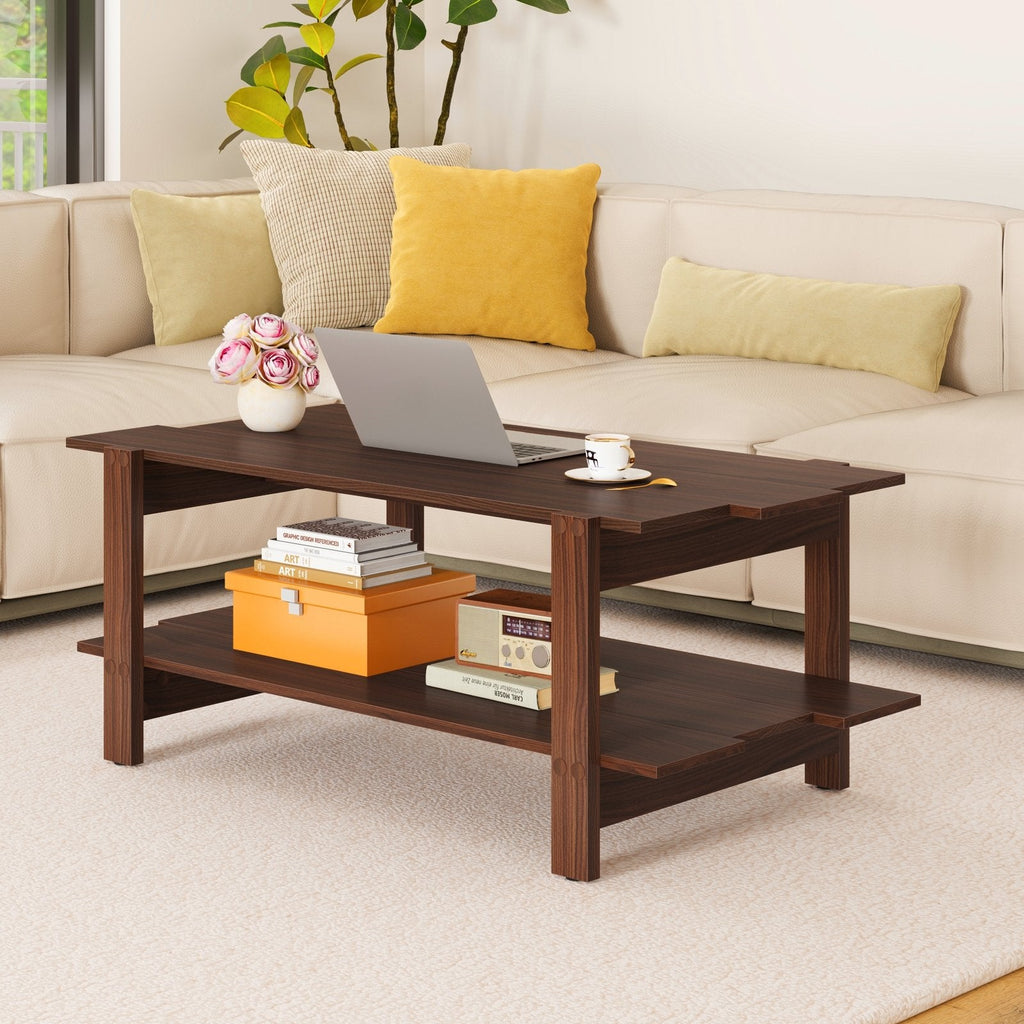 2-Tier Coffee Table Slatted Wood Center Table with Storage Shelf-Walnut