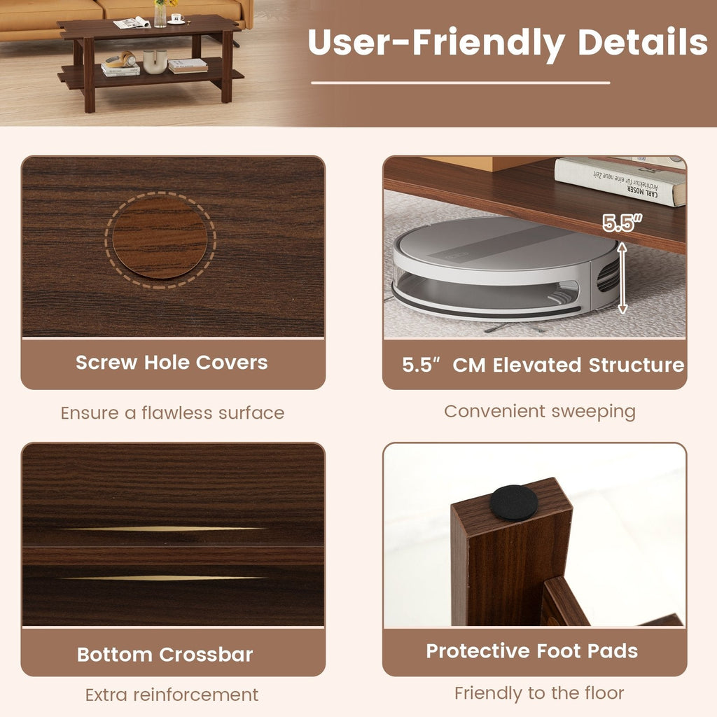 2-Tier Coffee Table Slatted Wood Center Table with Storage Shelf-Walnut