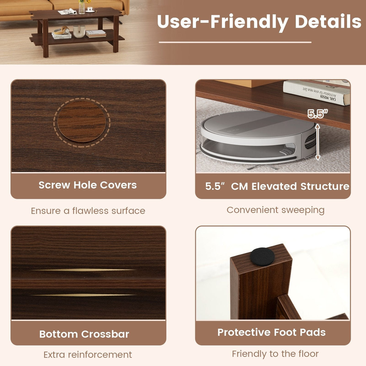 2-Tier Coffee Table Slatted Wood Center Table with Storage Shelf-Walnut