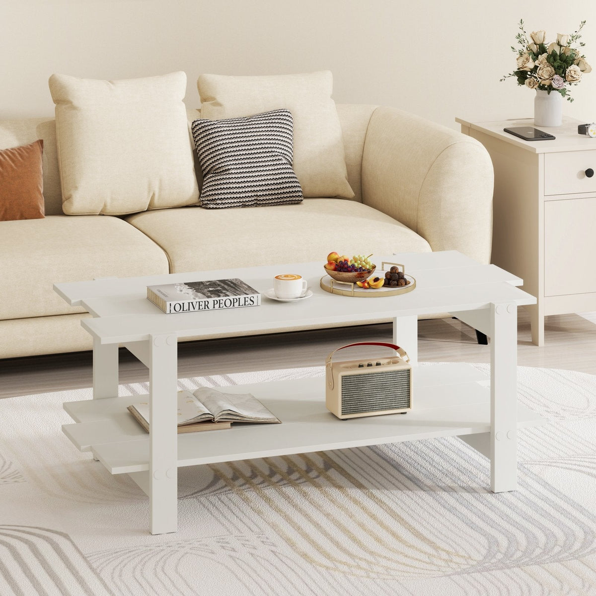 2-Tier Coffee Table Slatted Wood Center Table with Storage Shelf-White
