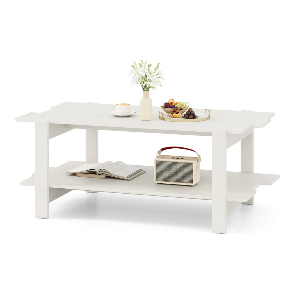 2-Tier Coffee Table Slatted Wood Center Table with Storage Shelf-White