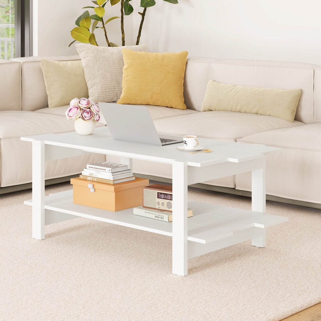 2-Tier Coffee Table Slatted Wood Center Table with Storage Shelf-White