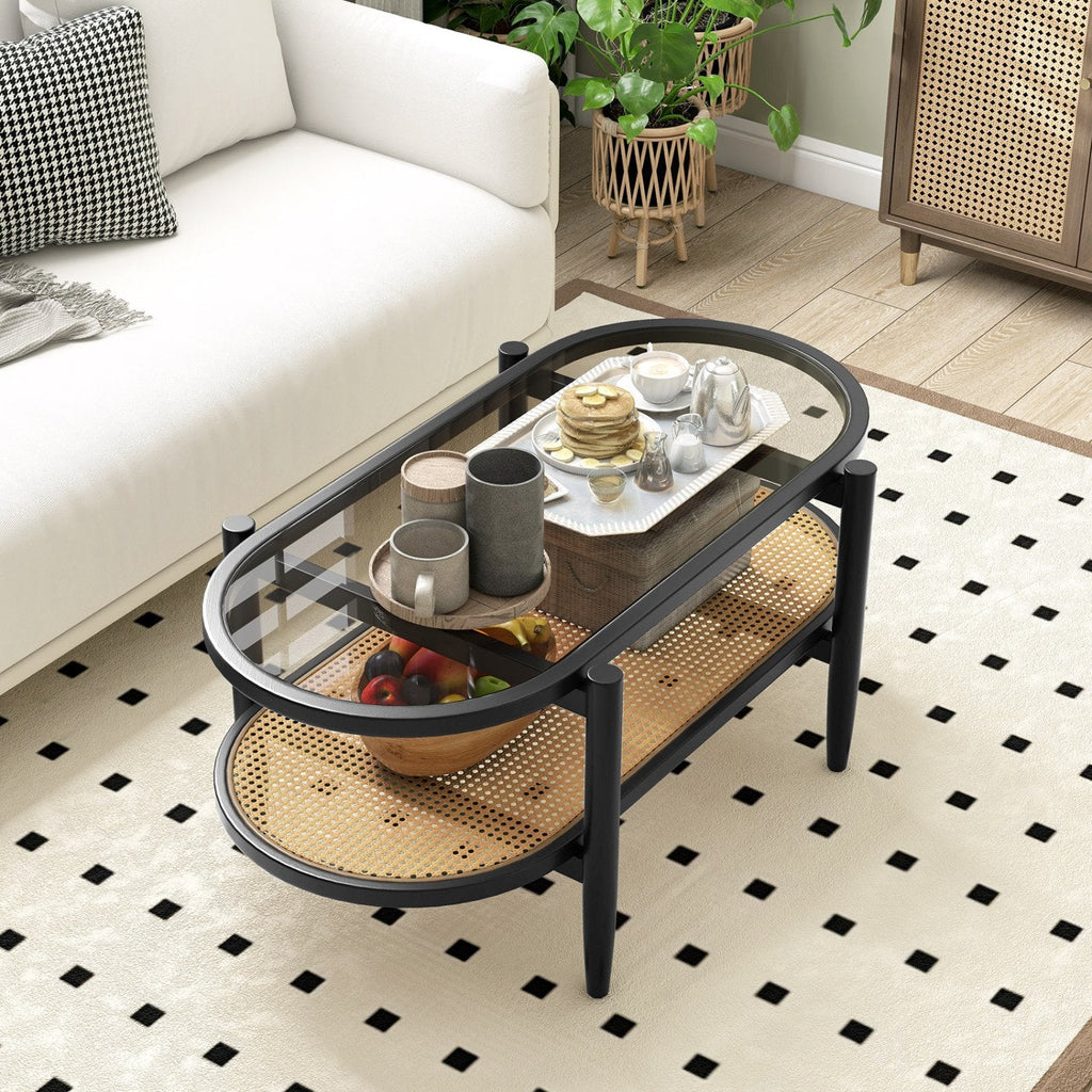 2-Tier Coffee Table with Tempered Glass Top and Acacia Wood Frame, Black