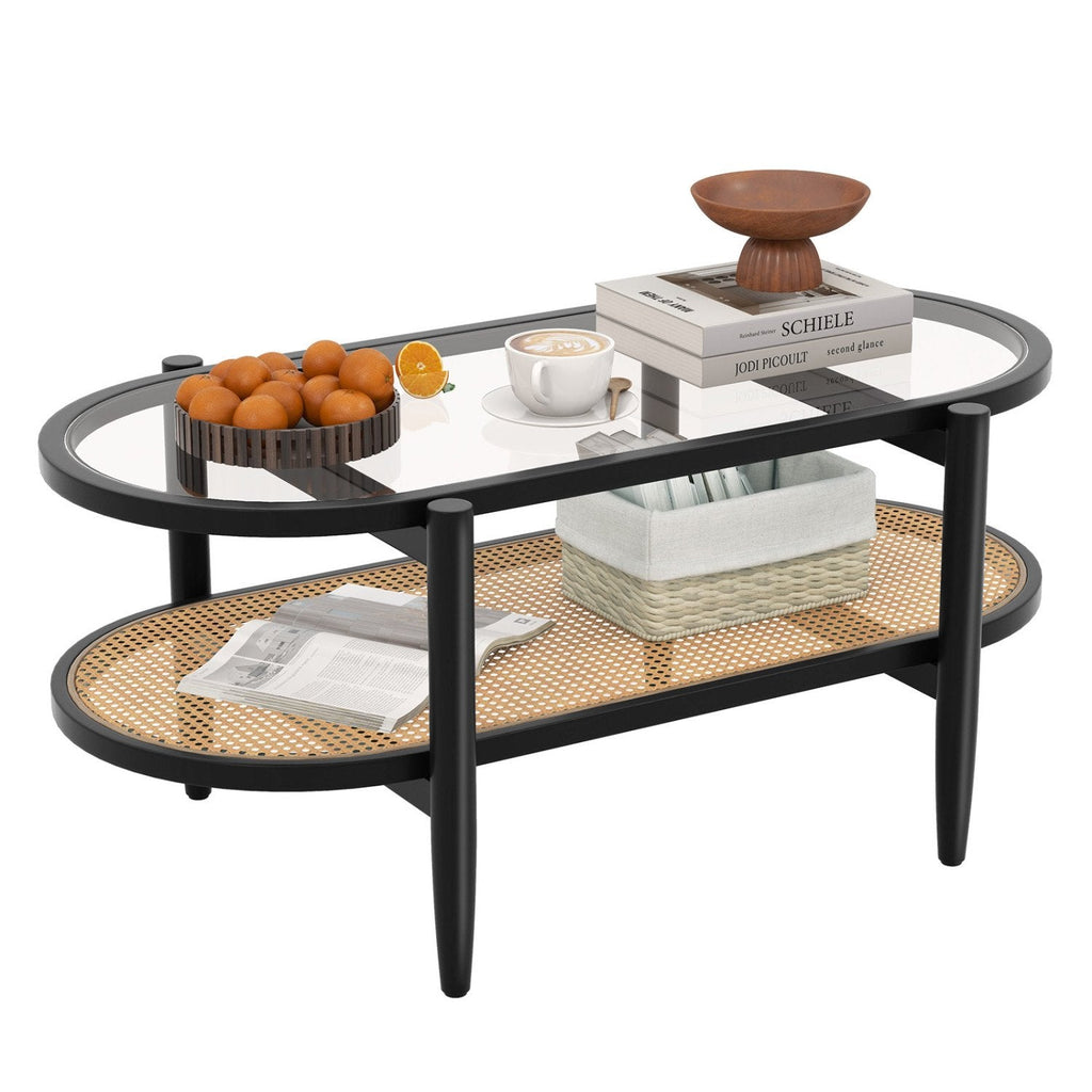 2-Tier Coffee Table with Tempered Glass Top and Acacia Wood Frame, Black