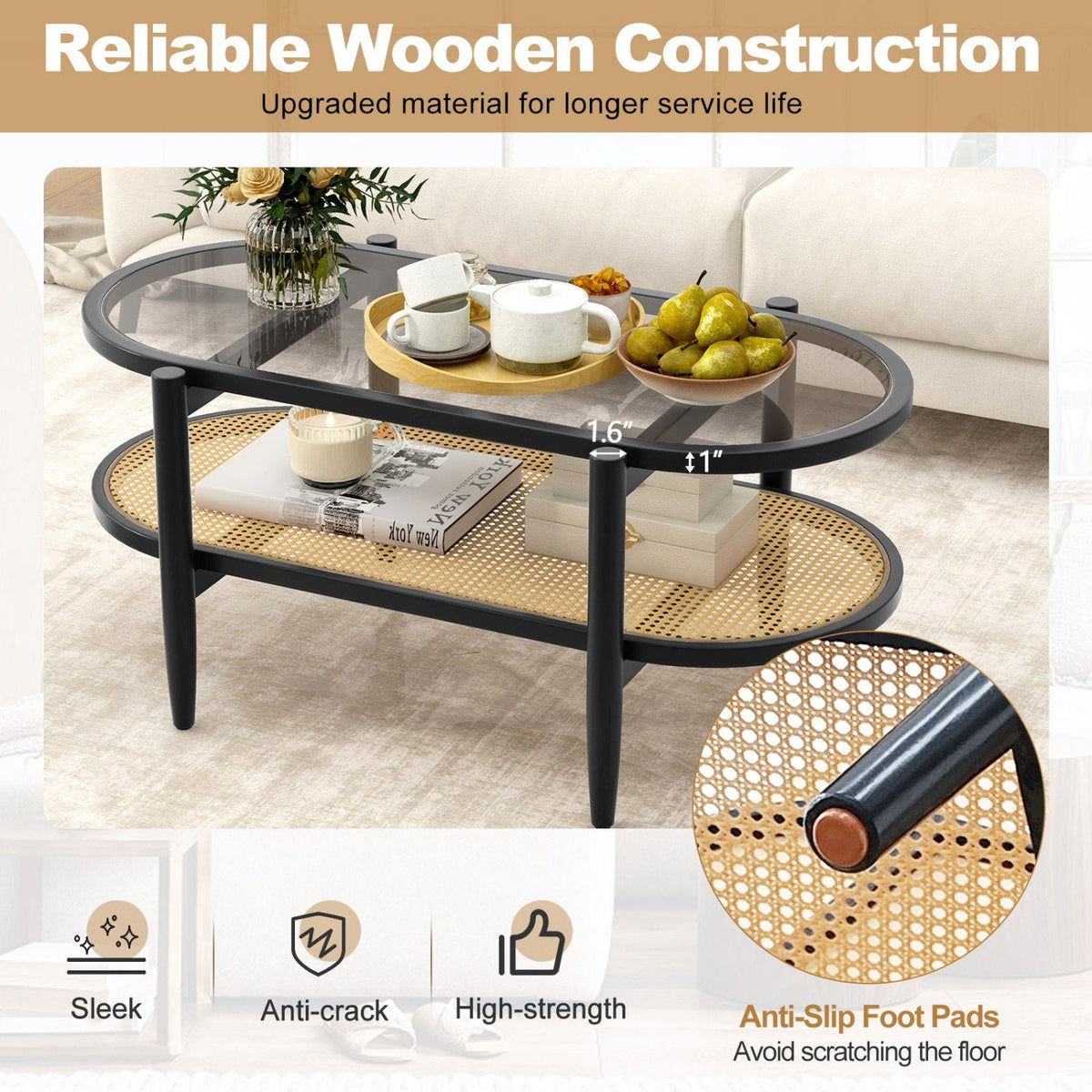 2-Tier Coffee Table with Tempered Glass Top and Acacia Wood Frame, Black