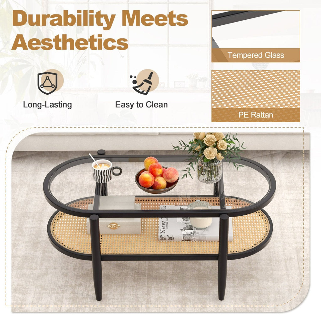 2-Tier Coffee Table with Tempered Glass Top and Acacia Wood Frame, Black