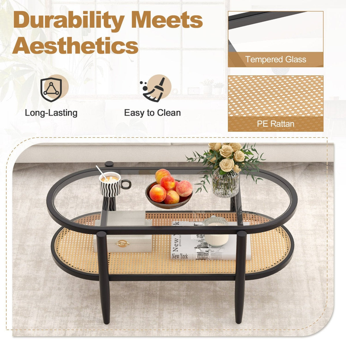 2-Tier Coffee Table with Tempered Glass Top and Acacia Wood Frame, Black