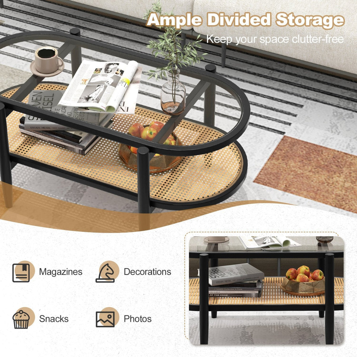 2-Tier Coffee Table with Tempered Glass Top and Acacia Wood Frame, Black