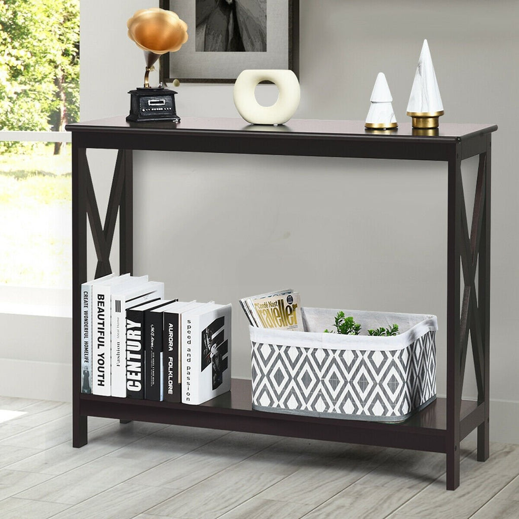 2-Tier Console X-Design Sofa Side Accent Table-Dark Brown