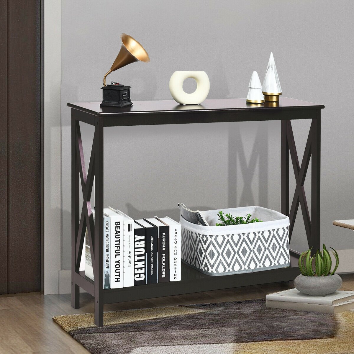 2-Tier Console X-Design Sofa Side Accent Table-Dark Brown