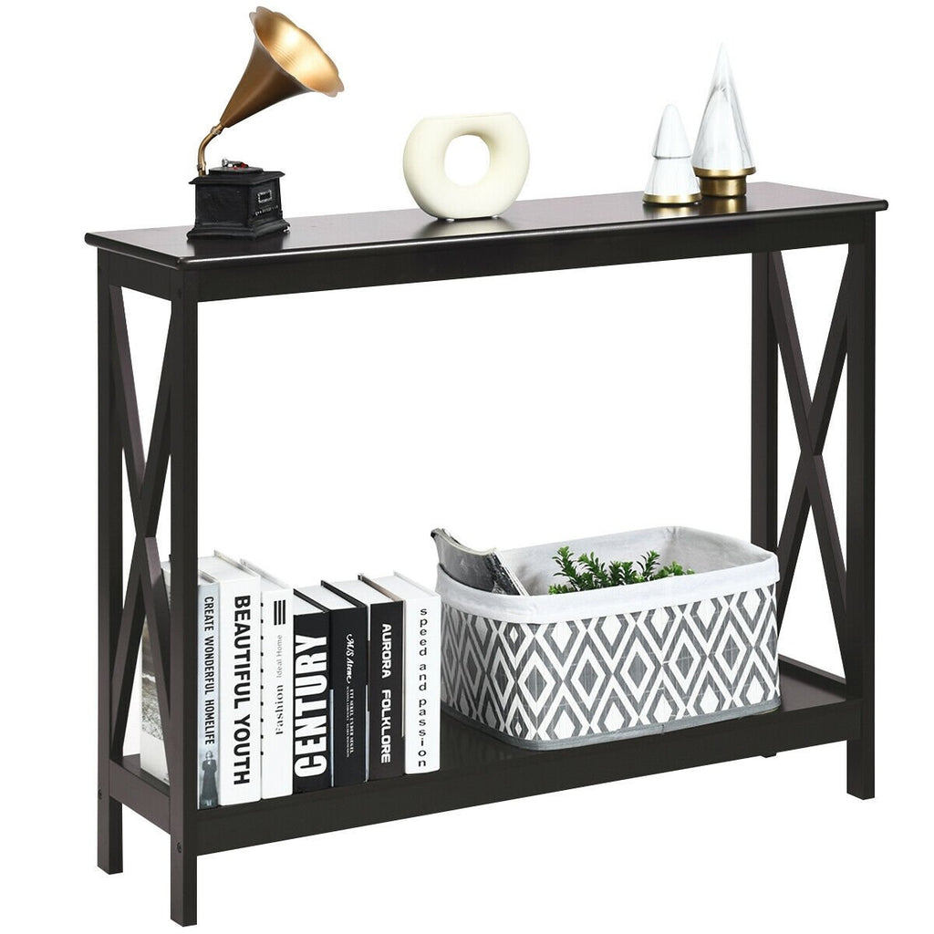 2-Tier Console X-Design Sofa Side Accent Table-Dark Brown