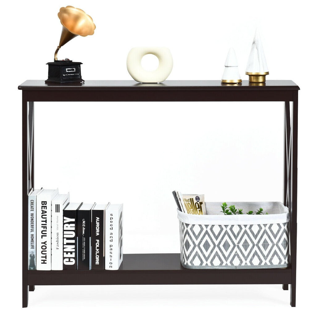 2-Tier Console X-Design Sofa Side Accent Table-Dark Brown