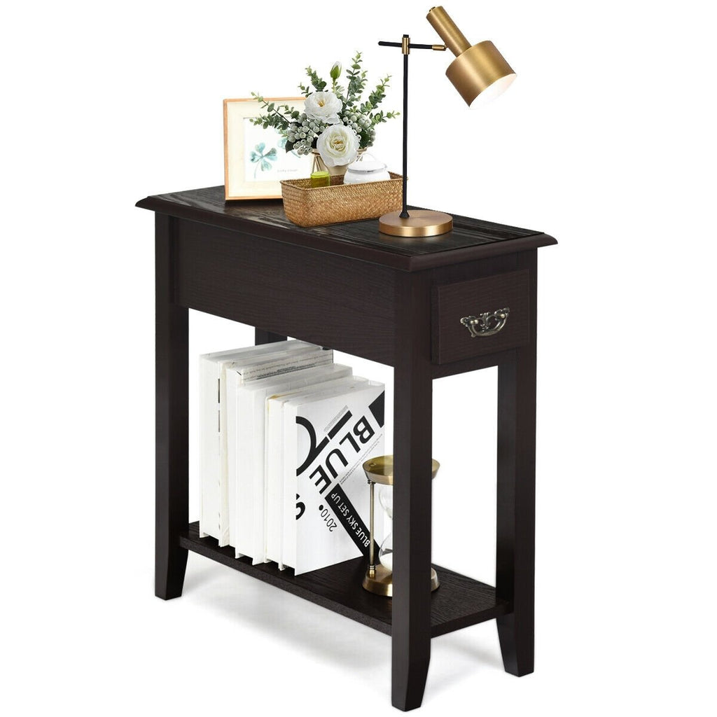 2 Tier End Bedside Sofa Side Table Narrow Nightstand-Espresso
