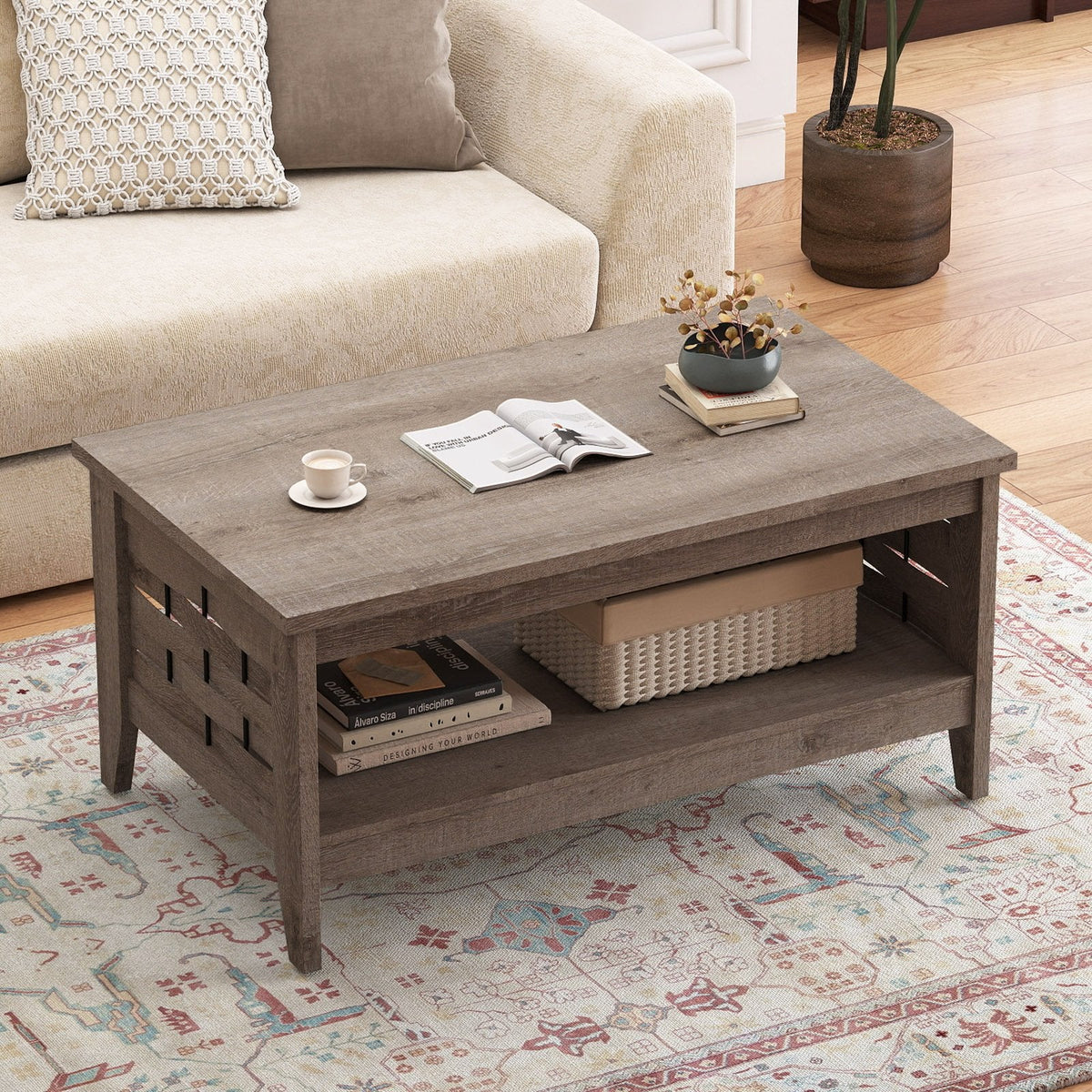 2-Tier Farmhouse Coffee Table with Open Shelf and Woven Decorations for Living Room-Oak