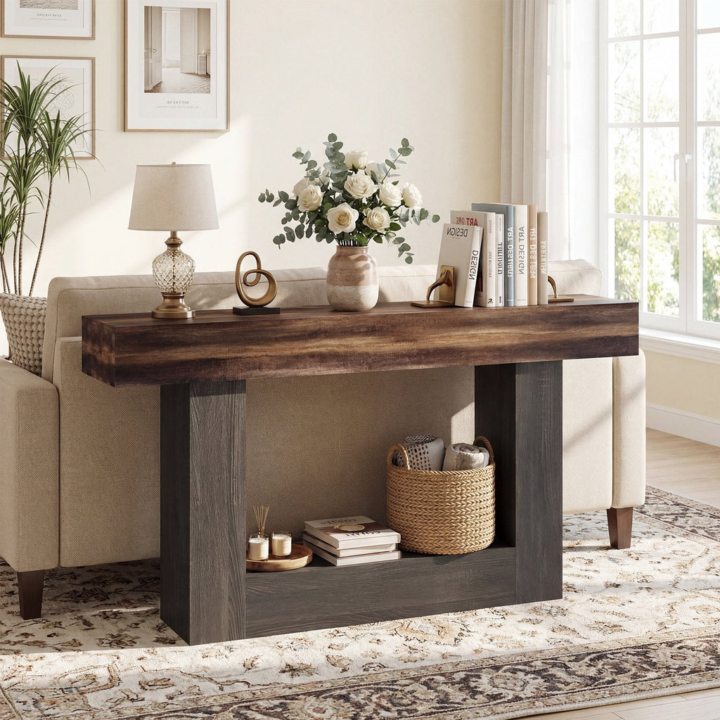 2-Tier Farmhouse Console Table 63 inches Long with Storage Shelf-Rustic Brown