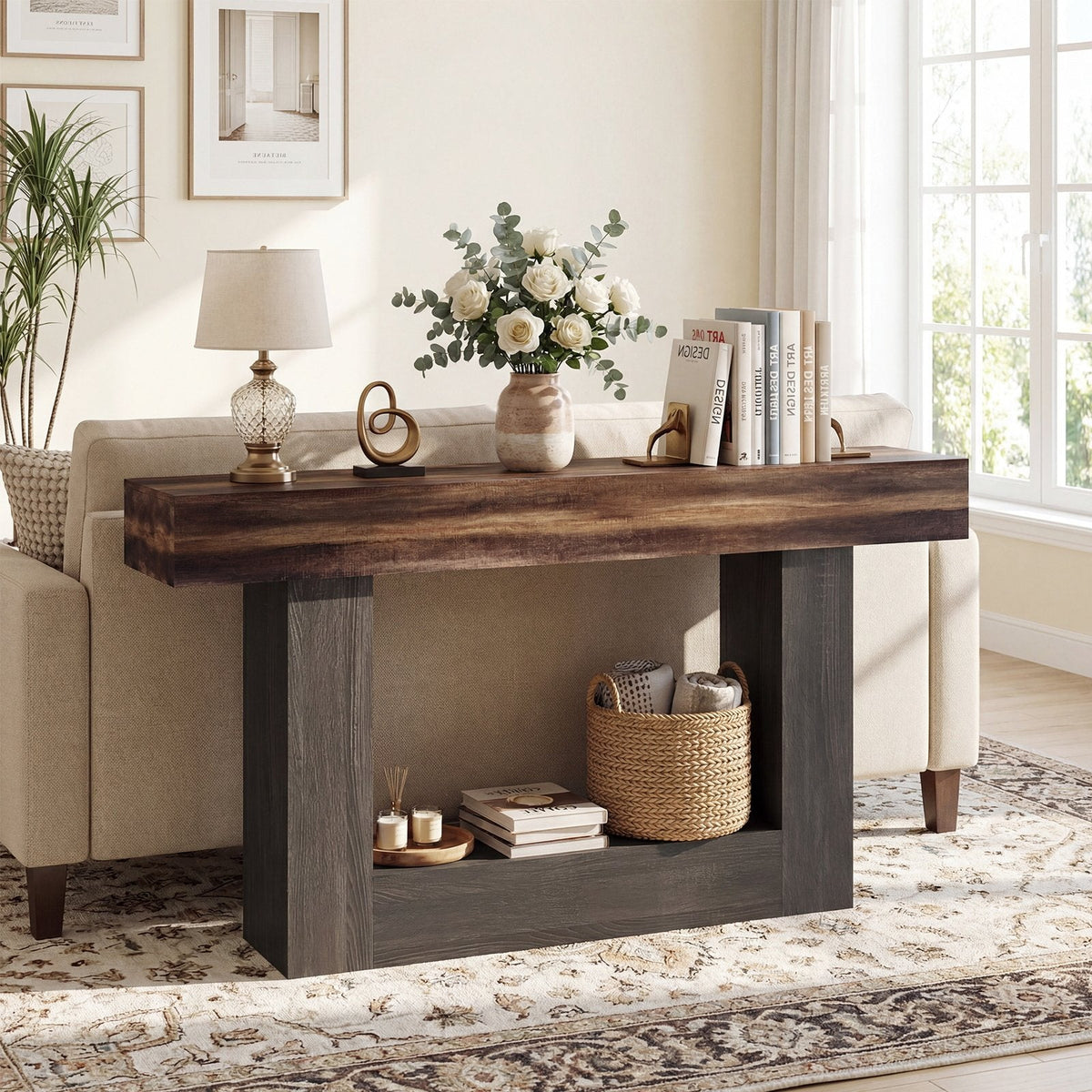 2-Tier Farmhouse Console Table 63 inches Long with Storage Shelf-Rustic Brown