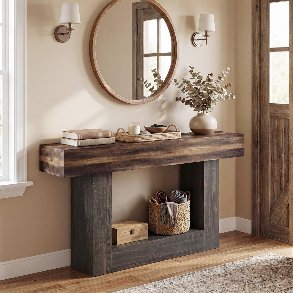 2-Tier Farmhouse Console Table 63 inches Long with Storage Shelf-Rustic Brown