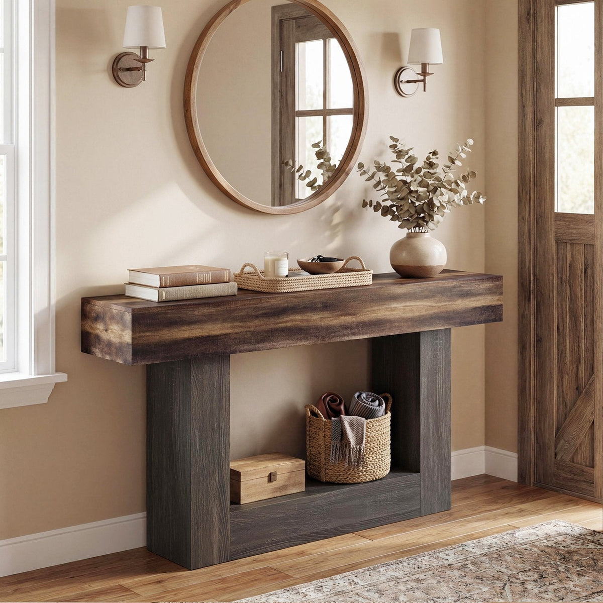 2-Tier Farmhouse Console Table 63 inches Long with Storage Shelf-Rustic Brown