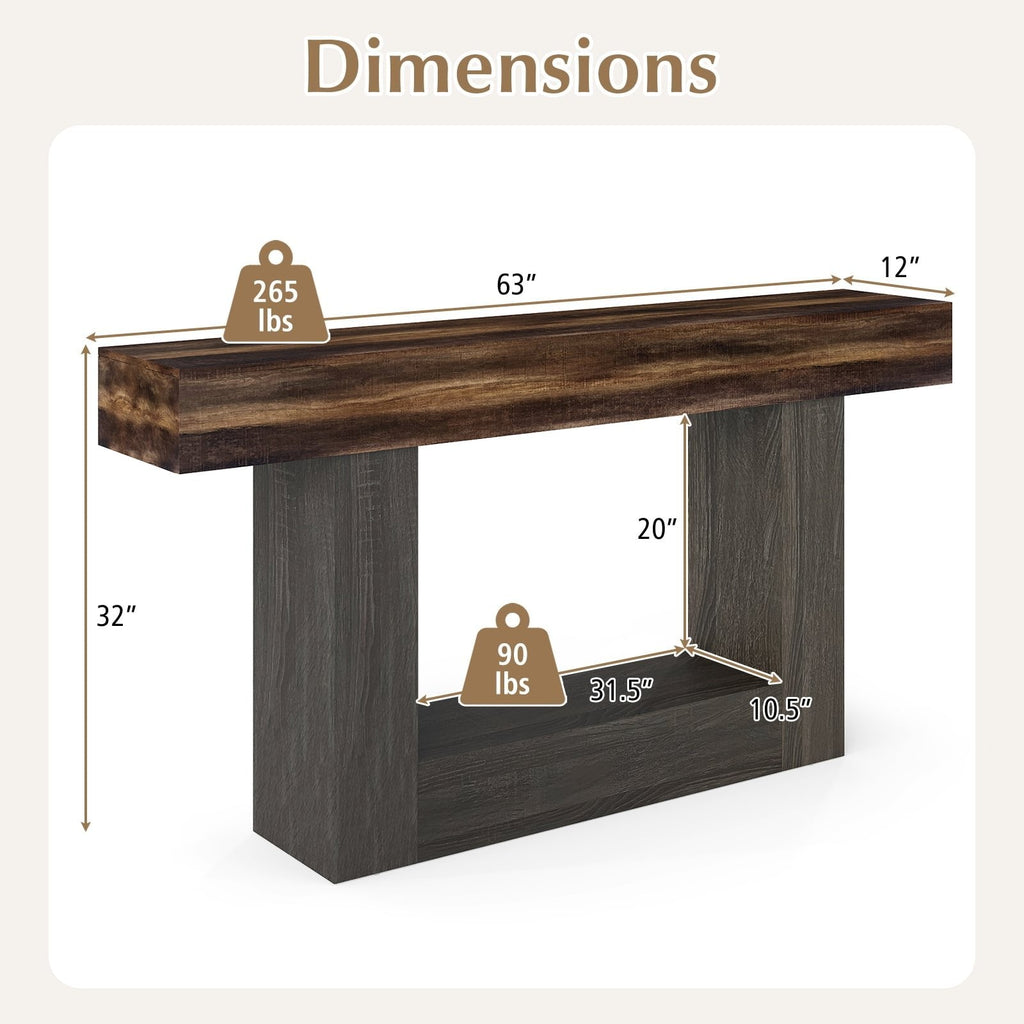 2-Tier Farmhouse Console Table 63 inches Long with Storage Shelf-Rustic Brown