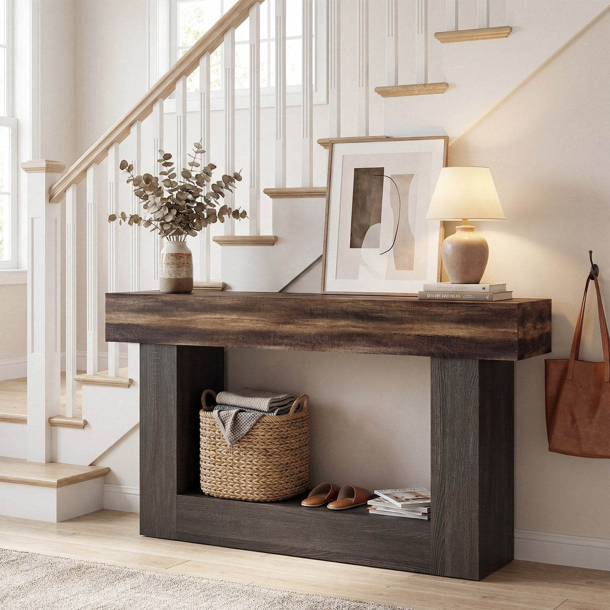 2-Tier Farmhouse Console Table 63 inches Long with Storage Shelf-Rustic Brown