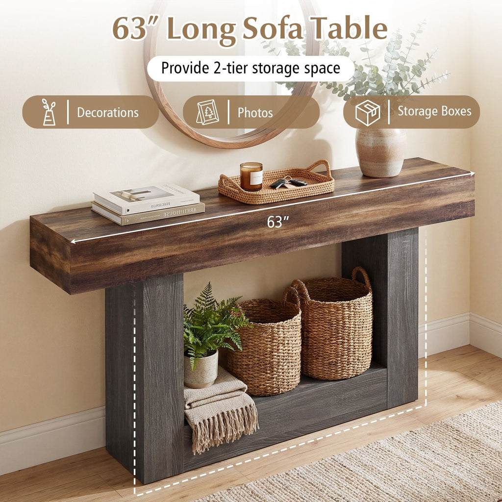 2-Tier Farmhouse Console Table 63 inches Long with Storage Shelf-Rustic Brown