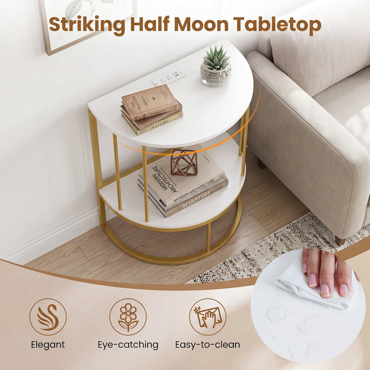 2-Tier Half Moon Console Table with Power Outlets and Storage Shel for Hallway-White