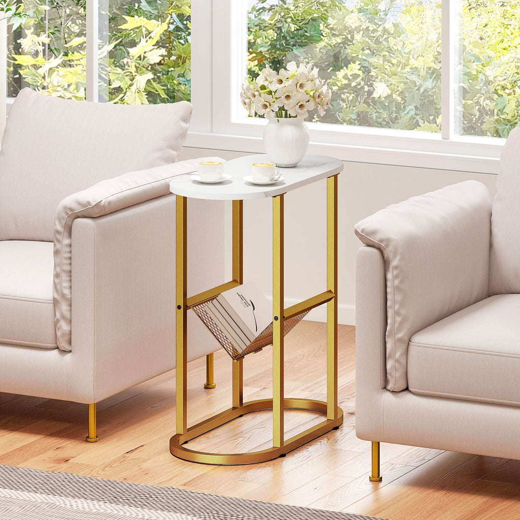 2-tier Industrial Oval Side Table with Mesh Shelf-White