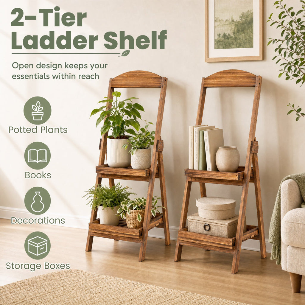 2-Tier Ladder Shelf Rustic Plant Stand with Fir Wood Frame-Rusticbrown