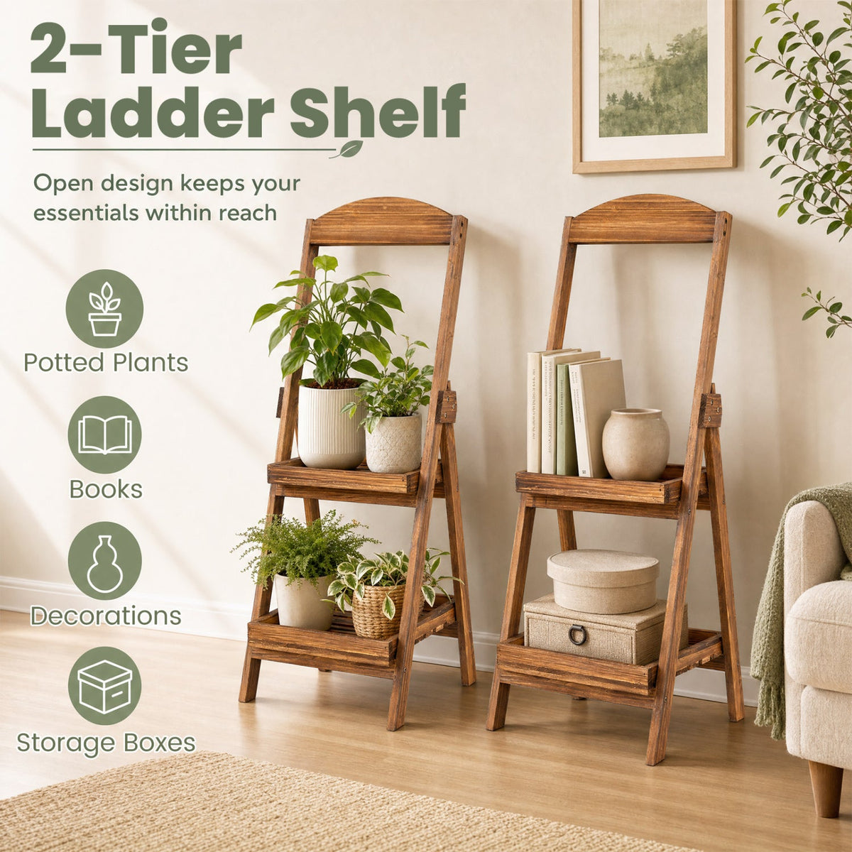 2-Tier Ladder Shelf Rustic Plant Stand with Fir Wood Frame-Rusticbrown