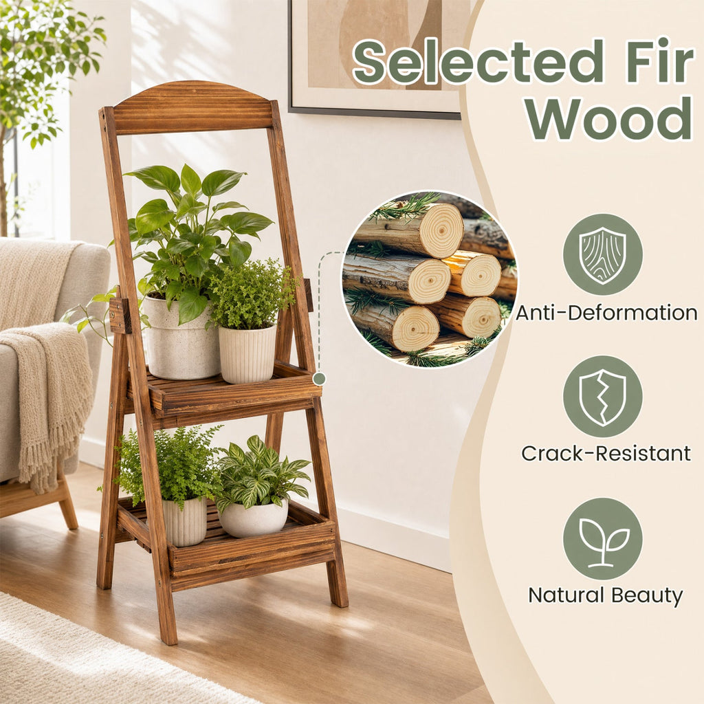 2-Tier Ladder Shelf Rustic Plant Stand with Fir Wood Frame-Rusticbrown